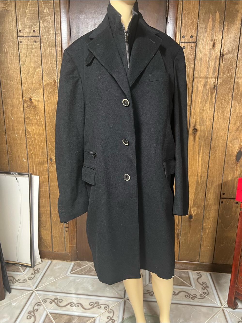 Corneliani Black Long Wool Coat with Inner Zip Layer, Sz.56